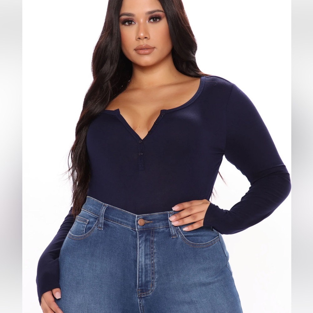 Fashion Nova Nelida Long Sleeve Henley Tee - Navy 2X